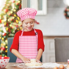 TOPWAYS Grid Kids Apron and Chef Hat Set, Adjustable Check Child Chef Aprons with 2 Pockets, Lattice Print Children's Apron for Kids Toddler Painting Baking Cooking Artist (Pink, L（7-13Years）)