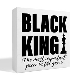 Black King Decor Wooden Box Sign, Inspirational African American Men Desk Decoration Afro Boy Black Men Home Office Bedroom Living Room Decor, Black King Gifts for Men