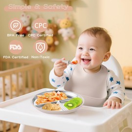 Stainless Steel Kids Plates & Spoon Set with Silicone Bibs–9”Divided Toddler Plates with Removable Suction Cups,Non-Toxic & BPA Free,Non Slip,Dishwasher Safe,Unbreakable baby plates(beige)