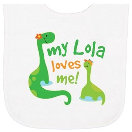 inktastic My Lola Loves Me Grandchild Dinosaur Baby Terry Cloth Bib White 46587