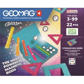 Geomag, Recycled Glitter, Magnetic Constructions with Glitter Effect, Colourful and Glittering Magnetic Sticks, 22 Piece Pack, 100% Recycled Plastic