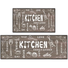 ALXRLXR 2 Piece Farmhouse Kitchen Rug Set, Brown and White Rustic Vintage Style Theme Decor Kitchen Rugs, Absorbent Washable Floor Mats 17x30+17x47 Inches