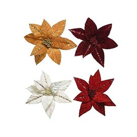 KAE Decorative Christmas Poinsettia Flower Glitter Tree Decoration/Ornament - Clip On (4 x COLOUR Mix 32cm)