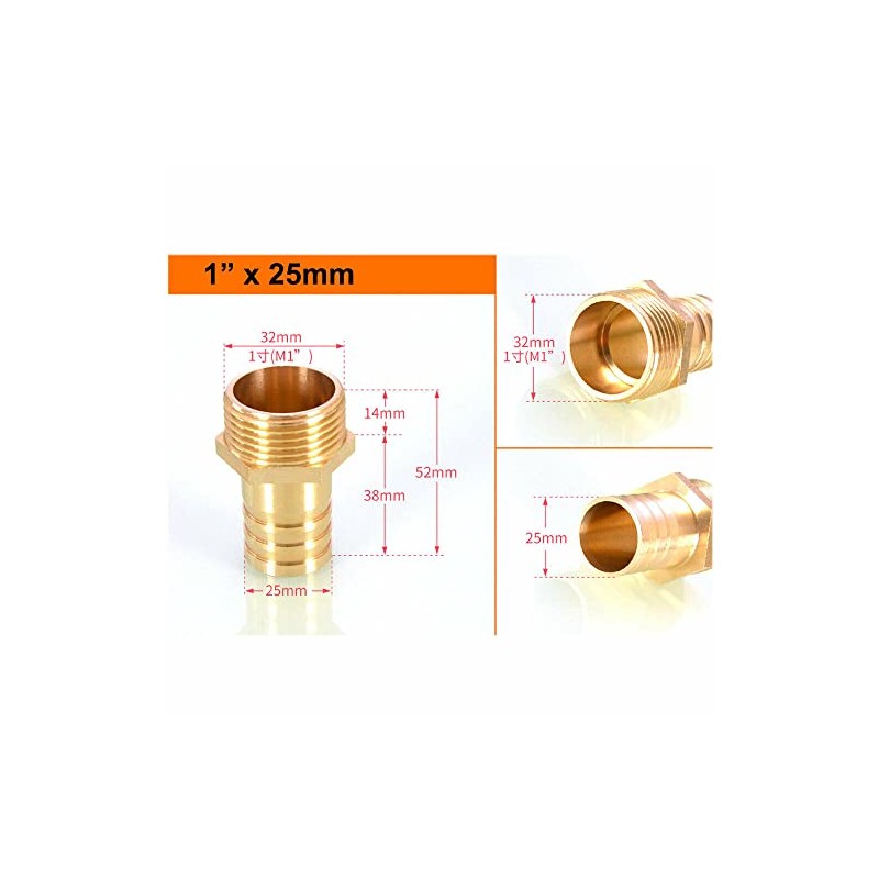 3PCS Brass Barbed Hose Fitting Coupler Connector 25mm to 1”