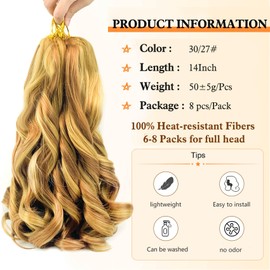 French Curl Braiding Hair 14 Inch Bouncy Braiding Hair French Curly Braiding Hair Pre Stretched 8 Packs Crochet Hair P30/27 Color Yaki Curly Braiding Hair for Women(8Packs,p30/27)