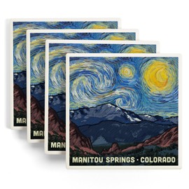 Manitou Springs, Colorado, Pikes Peak, Starry Night (Absorbent Ceramic Coasters Set of 4 Matching Images, Cork Back, Kitchen Table Decor)