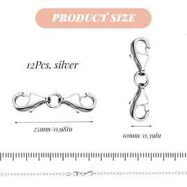 XENQITO Chain Clasp, 12 Pieces, Silver Double Opening Lobster Clasp, Bracelet Necklace Extender Carabiner, Bracelet Extension for DIY Jewellery Bracelets Necklaces Chains