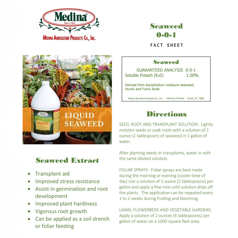 Medina Liquid Seaweed Fertilizer 128 oz Bottle Enhances Plant Growth