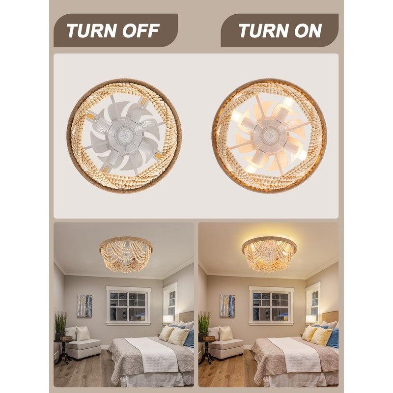 20" Boho Ceiling Fan with Light, Wood Beads Flush Mount