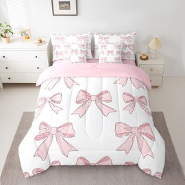 Feelyou Bowknot Comforter Set with Sheets Cute Pink Bow 7 Piece Bedding Set Twin Size for Kids Boys Girls Romantic Princess Style Bed in a Bag Soft Light Pink White Bedding Comforters
