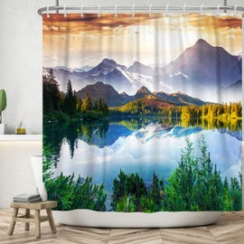 ASDCXZ Landscape Shower Curtain 180 x 200 cm, Natural Landscape Spectacular Lake and Mountain Green Forest Bathroom Washable Shower Curtains Polyester Textile Waterproof Bath Curtain for Bath with 12