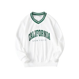 WDIRARA Girl's Letter Graphic Print Long Sleeve V Neck Sweatshirt Colorblock Striped Trim Pullovers Tops, White, 12 Years