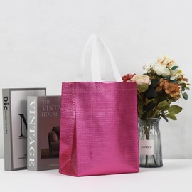 cabzymx 16 Pcs Metallic Bling Small Gift Bags Bulk with Tissue Paper, Glossy Pink Reusable Party Favor Bags for Birthday, Wedding, Christmas, Parties- 10.2x3.9x8.3 In