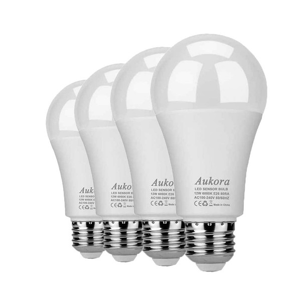 Aukora Dusk to Dawn Light Bulb 4 Pack, 12W (100-Watt Equivalent 1000lm) Smart Sensor Light Bulbs indoor E26/E27 6000K Daylight A19 Led outdoor Light Bulb for Porch Yard Garage Garden Patio(Cool White)