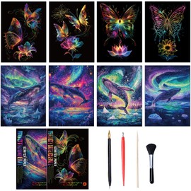 NICEIN Scratch Picture Set, 8 Pieces A4 Colour Scratch Paper Set, Creative Cat Pictures Adults, Scratch Pictures for Children with Animal Motif, Painting Set for Children, Crafts Children with a