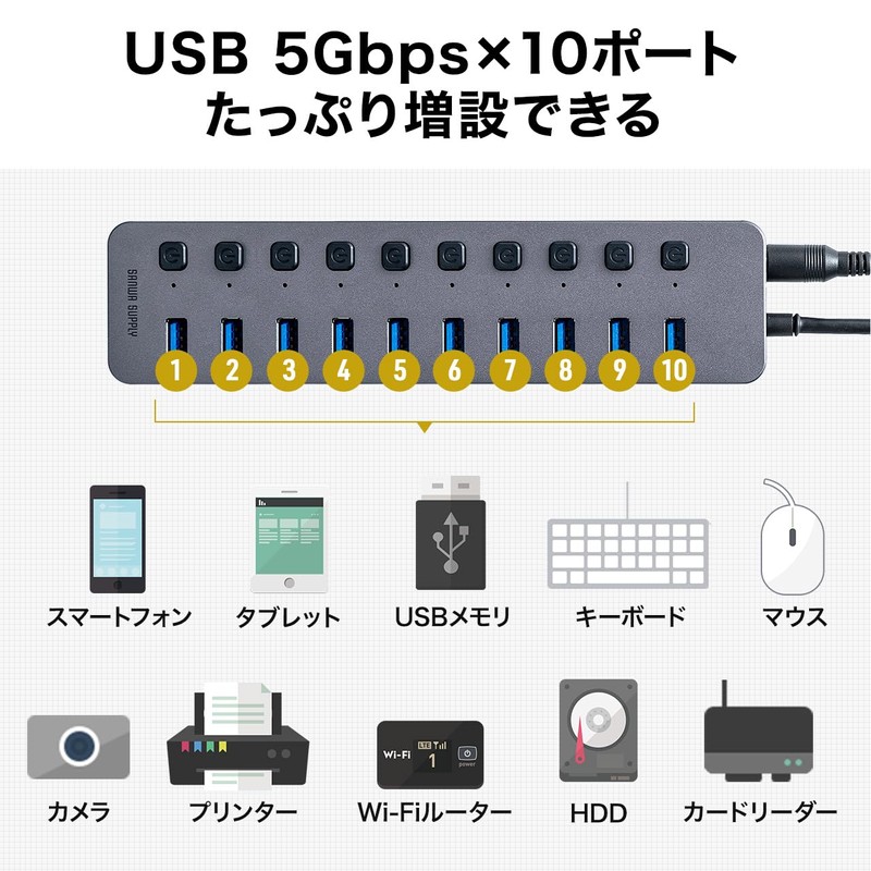 Sanwa Direct 400-HUBA23GM USB Hub, 10 Ports, Self-Powered USB Charger