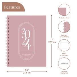 Rileys 2024 Weekly Planner - Annual Weekly & Monthly Agenda Planner, Jan - Dec 2024, Flexible Cover, Notes Pages, Twin-Wire Binding (8.5 x 11-Inches, Pink)