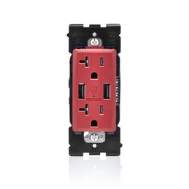 Leviton RUAA2-RE Renu USB Charger/Tamper-Resistant Duplex Outlet, 20A-125VAC, Red Delicious