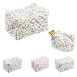 Floral Small Makeup Bag,Portable Cotton Toiletry Bag,Aesthetic Quilted Travel Cosmetic Bag,Wash Organizer Pouch for Womens Ladies Girls