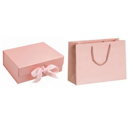 Magnetic Gift Box, Large Premium Gift Box, Box and Ribbon for Gifts, Presents, Weddings, Party, Birthday, Size 31 x 22 x 10cm COME WITH MATCHING GIFT BAG. (Pink 23cm x 17cm x 7cm)