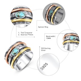 BONLAVIE Women's Turquoise Spinner Ring, Three-Colour Textured Silver Ring, 925 Anxiety Ring, Anxiety Ring, Gift Sterling Silver Rings for Women, Gemstone