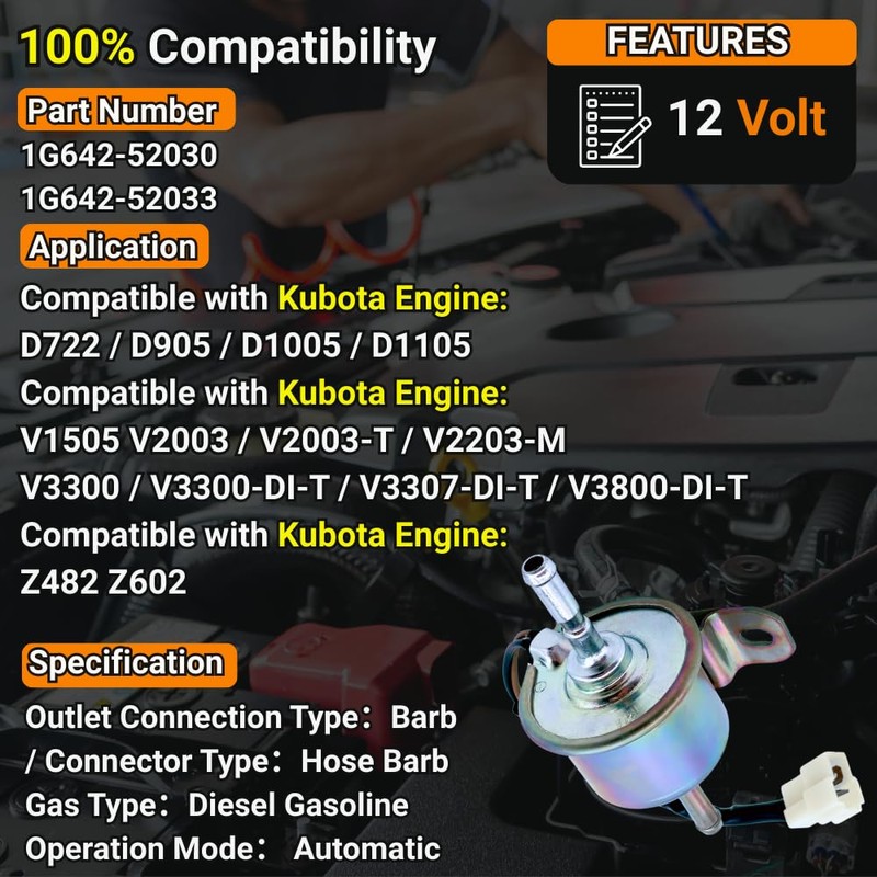 1G642-52030 12V Fuel Pump for Kubota Engine D722 D905 D1005