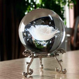 HDCRYSTALGIFTS 60mm 3D Inner Carving Rose Flower Crystal Ball Paperweight with Stand Fengshui Home Decor