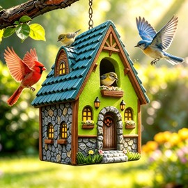 Whimsical Fairy Tale Bird House, Hand-Painted Resin Hanging Birdhouse with Stone & Flower Details, Weatherproof Outdoor Nest Box for Bluebird Wren Sparrow, Cute Garden Yard Decor
