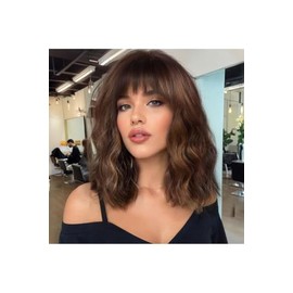 Brown Highlight Bob Curly Wig Synthetic Short Wavy Wig with Bangs Natural Looking Heat Resistant Fiber Hair Shoulder Length Wigs for Women