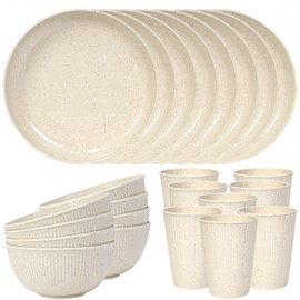 Quatish 24 Piece Wheat Straw Dinnerware Sets of 8, Kitchen Plates and Bowls Sets, Unbreakable Plastic Dish Set for Camping, Dishwasher Microwave Safe, Kitchen and Dinning Essentials, Beige