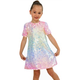 2Bunnies Girl Toddler Ombre Pastel Gradient Shimmer Sparkle Colorful Sequin Birthday Dress (US, Age, 6 Years, Short Sleeve)