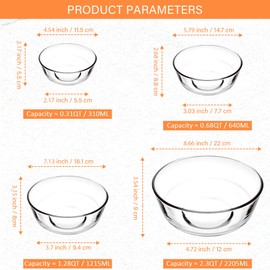 binsakao Glass Mixing Bowls - Glass Bowls Set of 4 - Stackable Kitchen Prepping, Baking, Cooking Prep, Serving Bowls - Dishwasher, Microwave and Freezer Safe (0.31QT, 0.68QT, 1.28QT, 2.33QT)