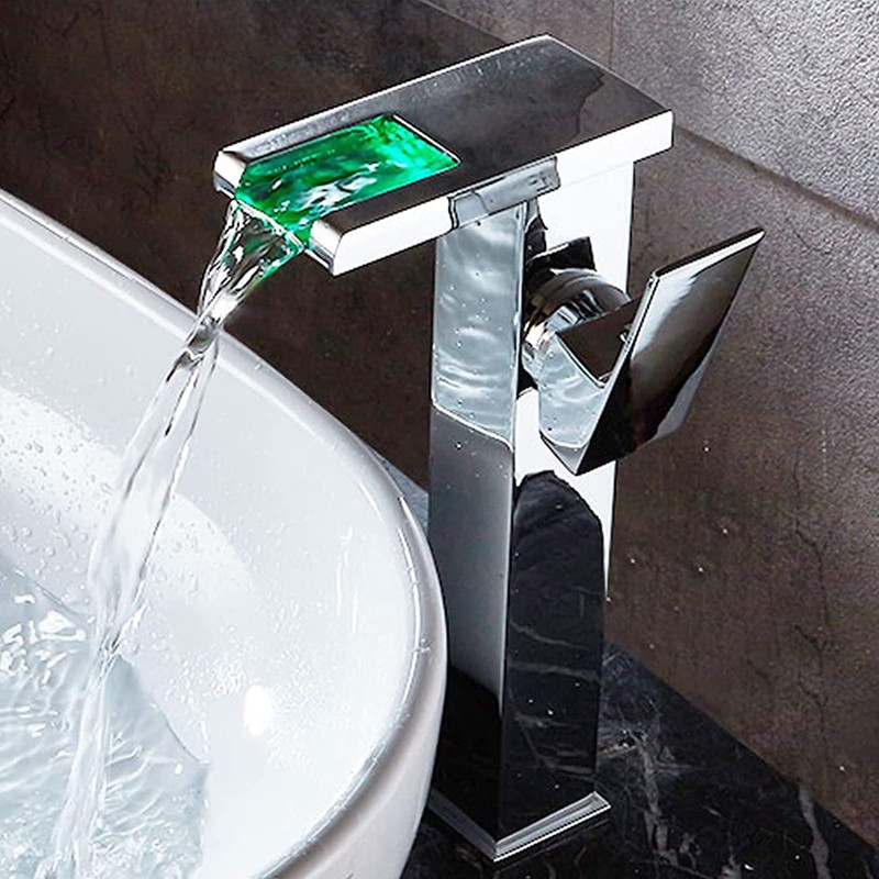 Chrome Bathroom Vessel Faucet Led Light 3 Color Changing Waterfall