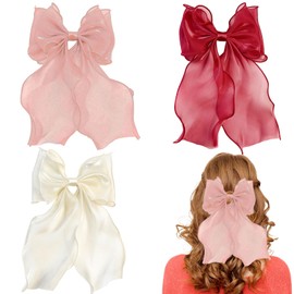 GWAWG Purple Bow Hair Clip Set - 3 Pcs Hair Bows for Girls, Women Hair Accessories, Elegant Pink, Black, White Bow Clips, French Automatic Hair Pins, Decorative Hair Bow Set (White Pink Red)