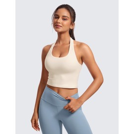 CRZ YOGA Womens Butterluxe Halter Longline Sports Bra - Padded Workout Yoga Crop Tops Tanks with Built in Pads White Apricot X-Large