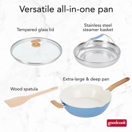 GoodCook Healthy Ceramic Titanium-infused All-in-One Pan with Tempered Glass Lid, Steamer Basket, and Spatula, Light Blue – Induction Cookware, Nonstick Cooking Pan, Food Cooker and Steamer