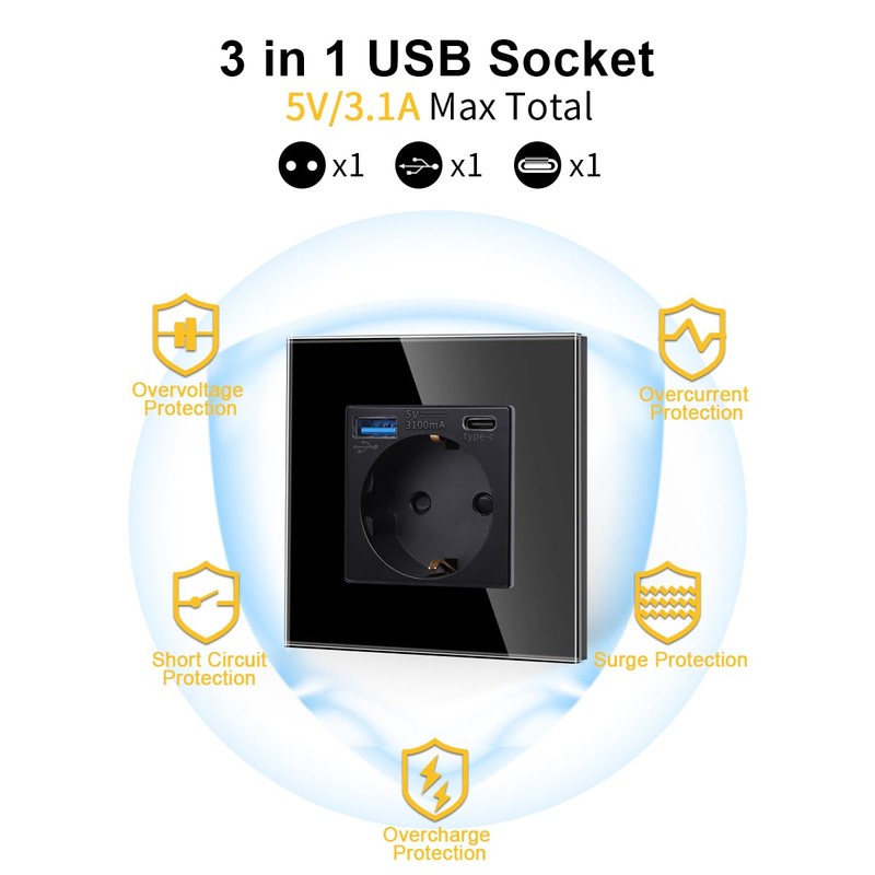 JIMEIDA Single Socket with USB 20 W Fast Charging Black,