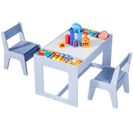 Kids Table and Chair Set, 3 in 1 Wooden Activity Desk w/Blackboard, Storage Space, 2 in 1 Removable Tabletop, Toddler Drawing, Reading, Playing, Art Craft, for Nursery, Playroom (Blue)