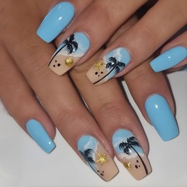 RIICFDD Blue Press on Nails Medium Length Fake Nails Coffin Acrylic Nails Sea wave starfish Glue on Nails Coconut palm Stick on Nails Full Cover Reusable False Nails for Women Nail Decoration 24 Pcs