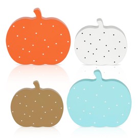 COCHIE Wooden Fall Pumpkins Decorations for Home Office Indoor, Farmhouse Thanksgiving Table Tiered Tray Decor Set of 4, Vintage Fall Harvest Pumpkin Block Signs Tabletop Shelf Decoration (Polka Dot)