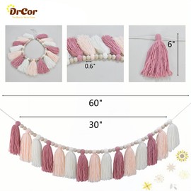 DrCor Pastel Pink Boho Tassel Garland – Blush Nursery Wall Decor for Girls Room, Dorm, Bohemian Kids Bedroom Banner, Spring Home Decor, Back to School Classroom Garland, Fringe Party Decoration