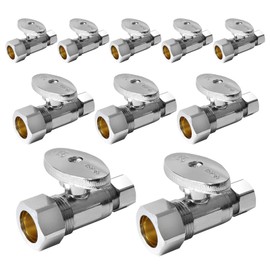 (Pack of 10) Seelink Compression 1/4 Turn Straight Stop Valve, 1/2" Nominal (5/8" OD) Compression x 3/8" OD, Chrome Plated Brass