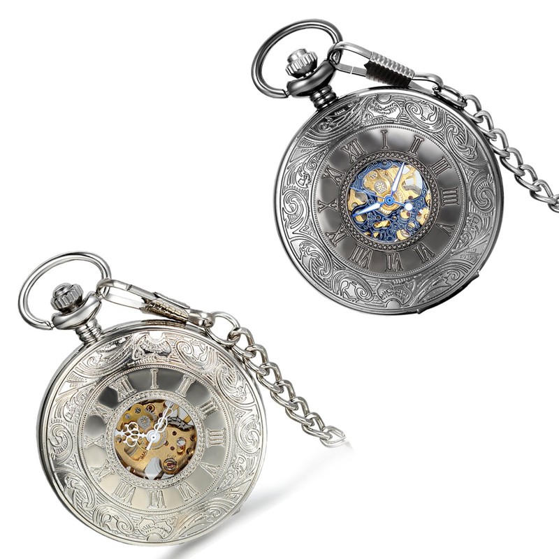 Lancardo Vintage Carve Patterns Hollow Skeleton Pocket Fob Watch With