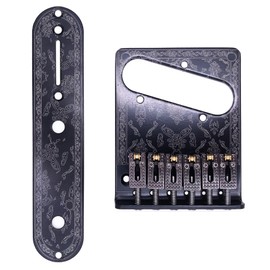 TUOREN 6 String Telecaster Bridge Plate 3 Way Switch Control Plate Set with Beautiful Decorative Pattern for Tele Telecaster Electric Guitars Replacement Parts Black