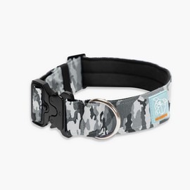 DF Co. Tactical Dog Collar | Comfortable & Secure with Quick Release Clip Buckle and Heavy Duty D-Ring | Soft Padded Neoprene, Chafe Resistant, Night-Time Visibility | Grey Camo, Size M