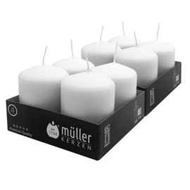 Müller Stumpenkerzen - Set mit 8 Säulenkerzen - Farbe Weiß - 48 x 62 mm - Lange Brenndauer: 10 stunden - Tropffrei Wachskerzen, Unparfümierte - RAL Qualität