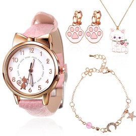 4 Pieces Children Watches Girls Age 5-16, Kids cat Watch Cartoon Quartz Leather Watches Beaded Charm Chain Bracelets Cute Cat Necklace, Cat Watch Kids Cartoon Cat Ear Clip for Birthday Gift or Back