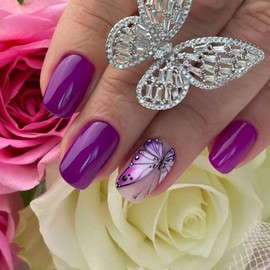 24Pcs Square False Nails Short French Tip Press on Nails Acrylic Full Cover Stick on Nails with Purple Butterfly Designs Glossy Removable Fake Nail for Women and Girls Nails Art