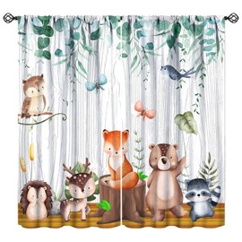 Nitmbi Woodland Animals Curtain，for Kids Watercolor Forest Animal Bear Fox Deer Green Leaves Pattern 2 Panel Rod Pocket Window Drapes for Nursery Bedroom Kids Room Decor 41" W X 45" L 30% Blackout