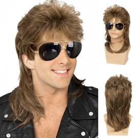 Men's Mullet Wigs Orange Curly 70s 80s Cosplay Costume Wig Retro Punk Rocker Disco Synthetic Full Wigs
